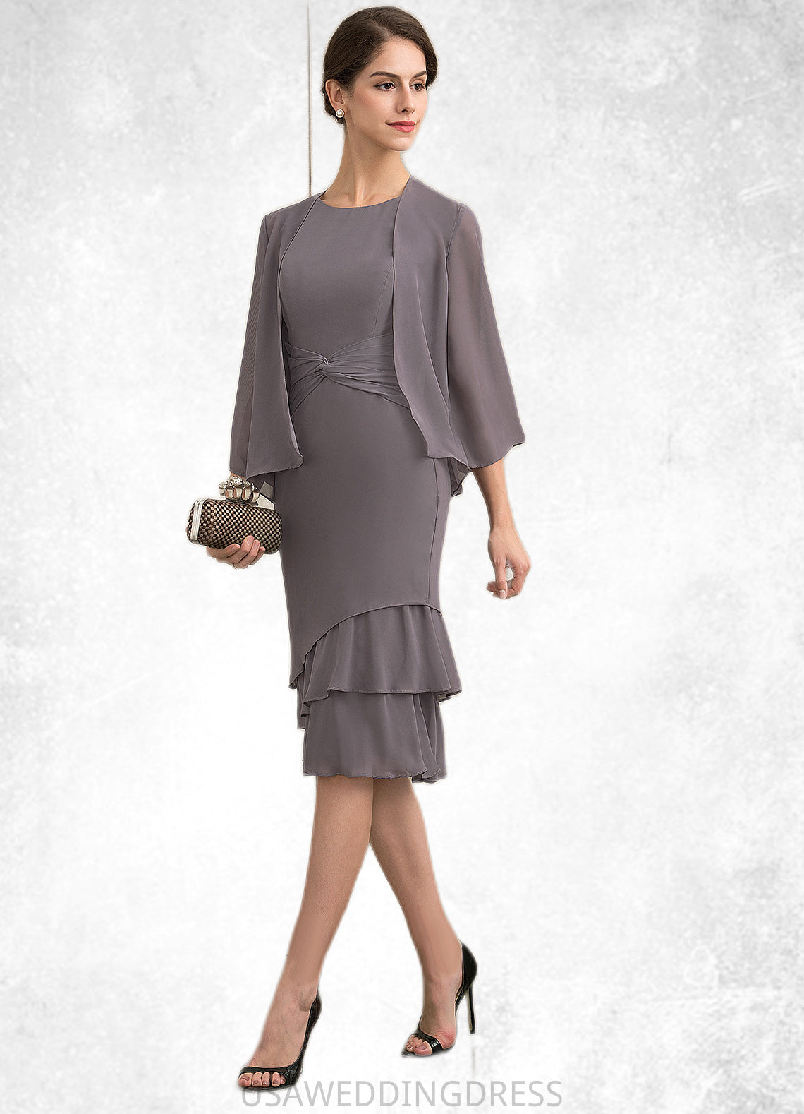 Selina A-Line Scoop Neck Knee-Length Chiffon Mother of the Bride Dress With Cascading Ruffles DS126P0014981