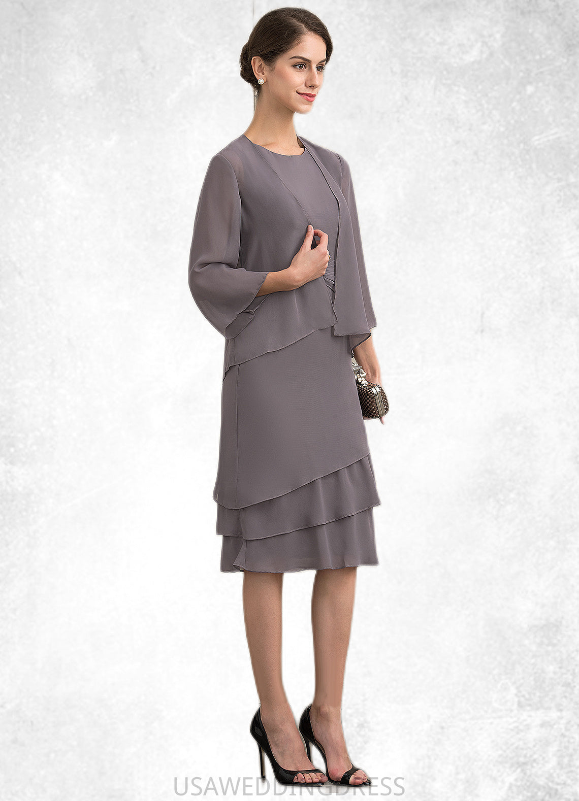 Selina A-Line Scoop Neck Knee-Length Chiffon Mother of the Bride Dress With Cascading Ruffles DS126P0014981