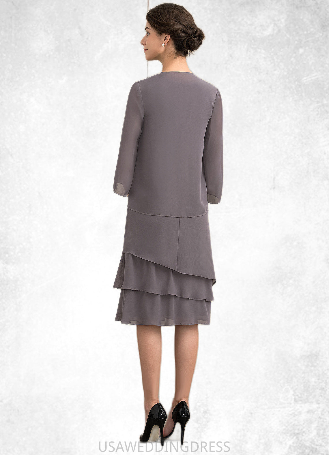 Selina A-Line Scoop Neck Knee-Length Chiffon Mother of the Bride Dress With Cascading Ruffles DS126P0014981