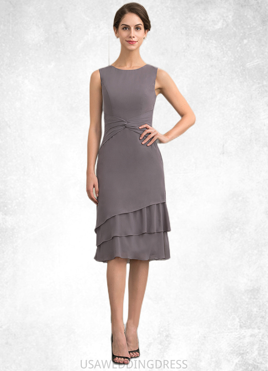 Selina A-Line Scoop Neck Knee-Length Chiffon Mother of the Bride Dress With Cascading Ruffles DS126P0014981