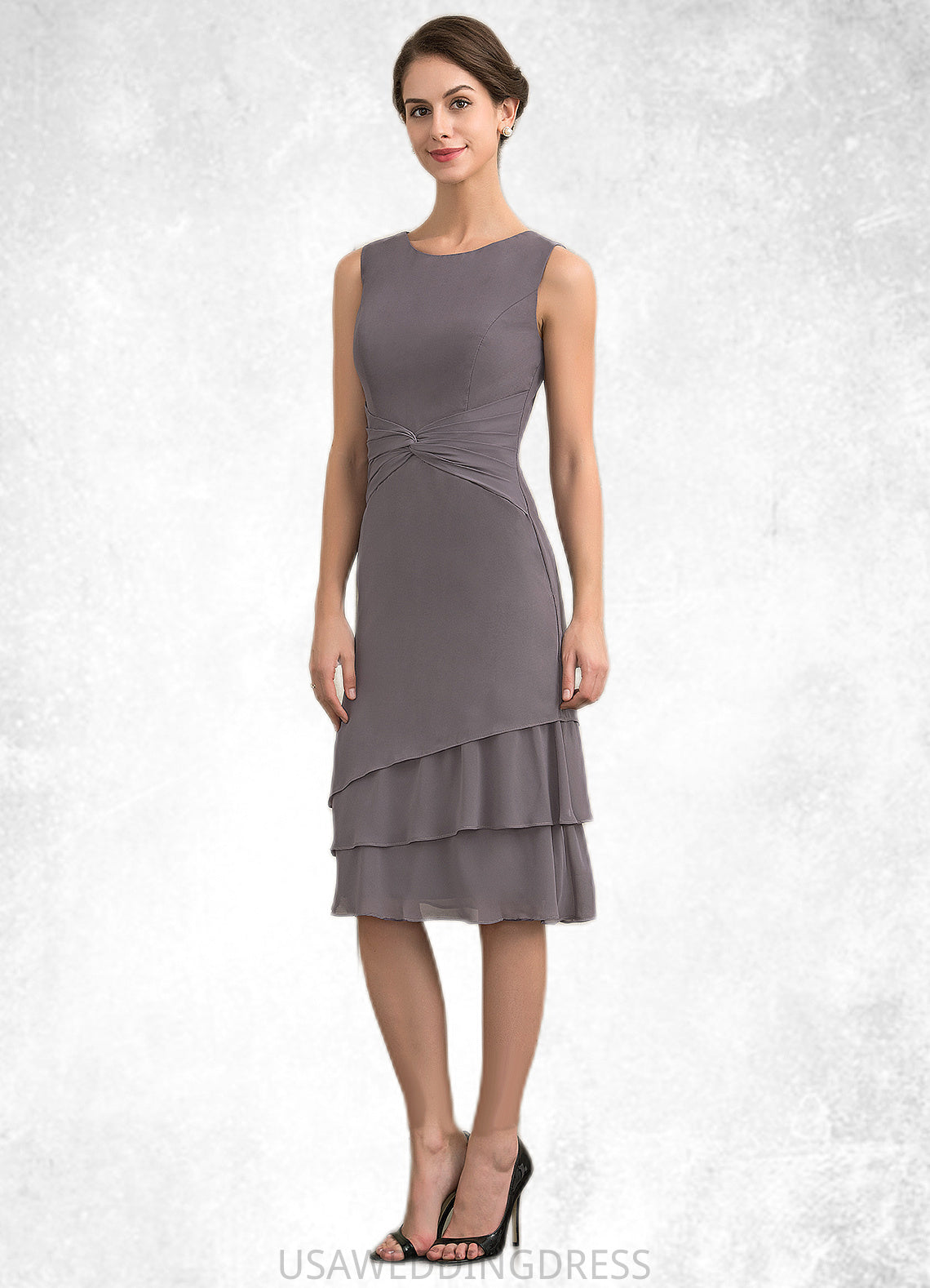 Selina A-Line Scoop Neck Knee-Length Chiffon Mother of the Bride Dress With Cascading Ruffles DS126P0014981