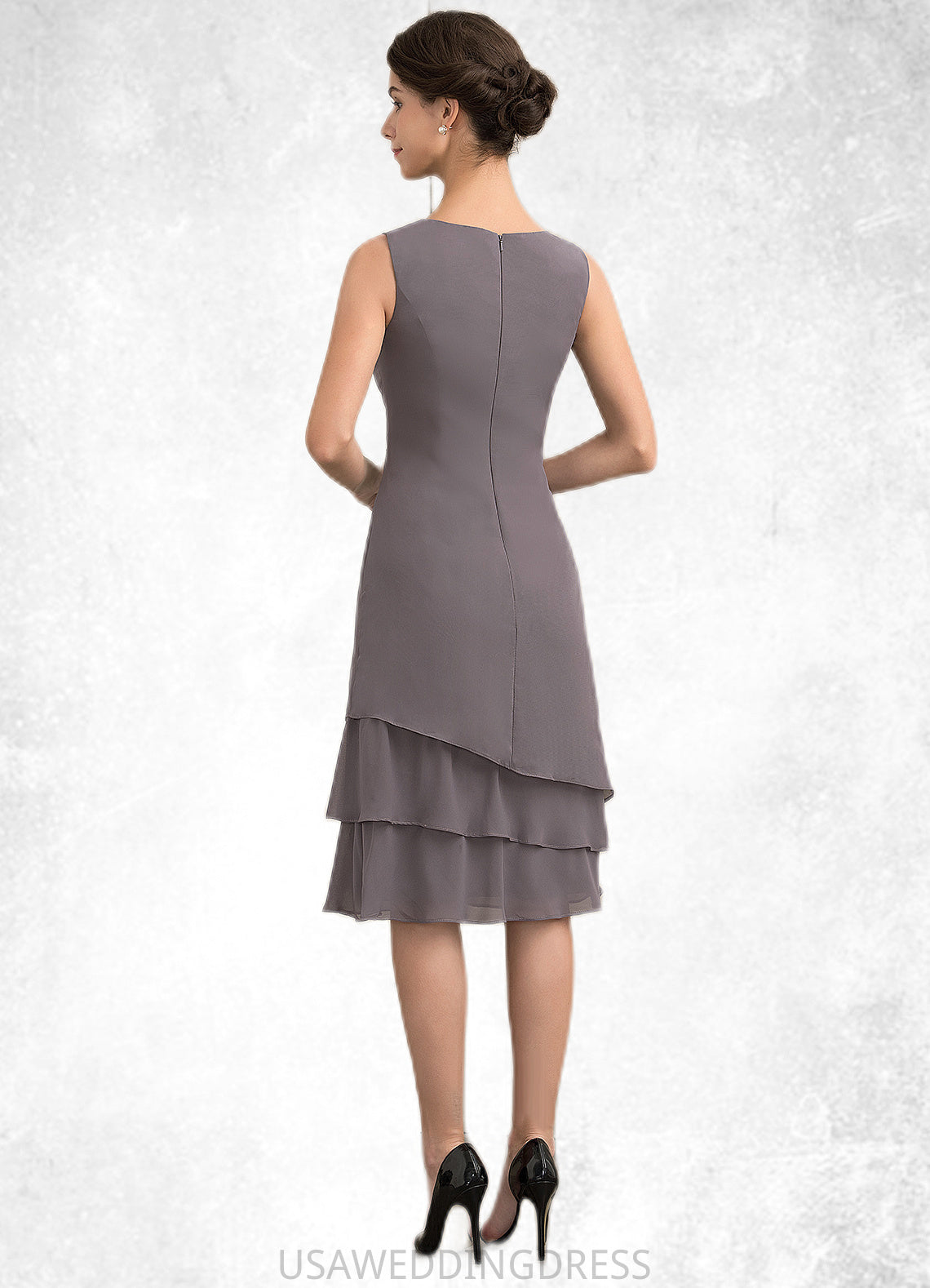 Selina A-Line Scoop Neck Knee-Length Chiffon Mother of the Bride Dress With Cascading Ruffles DS126P0014981