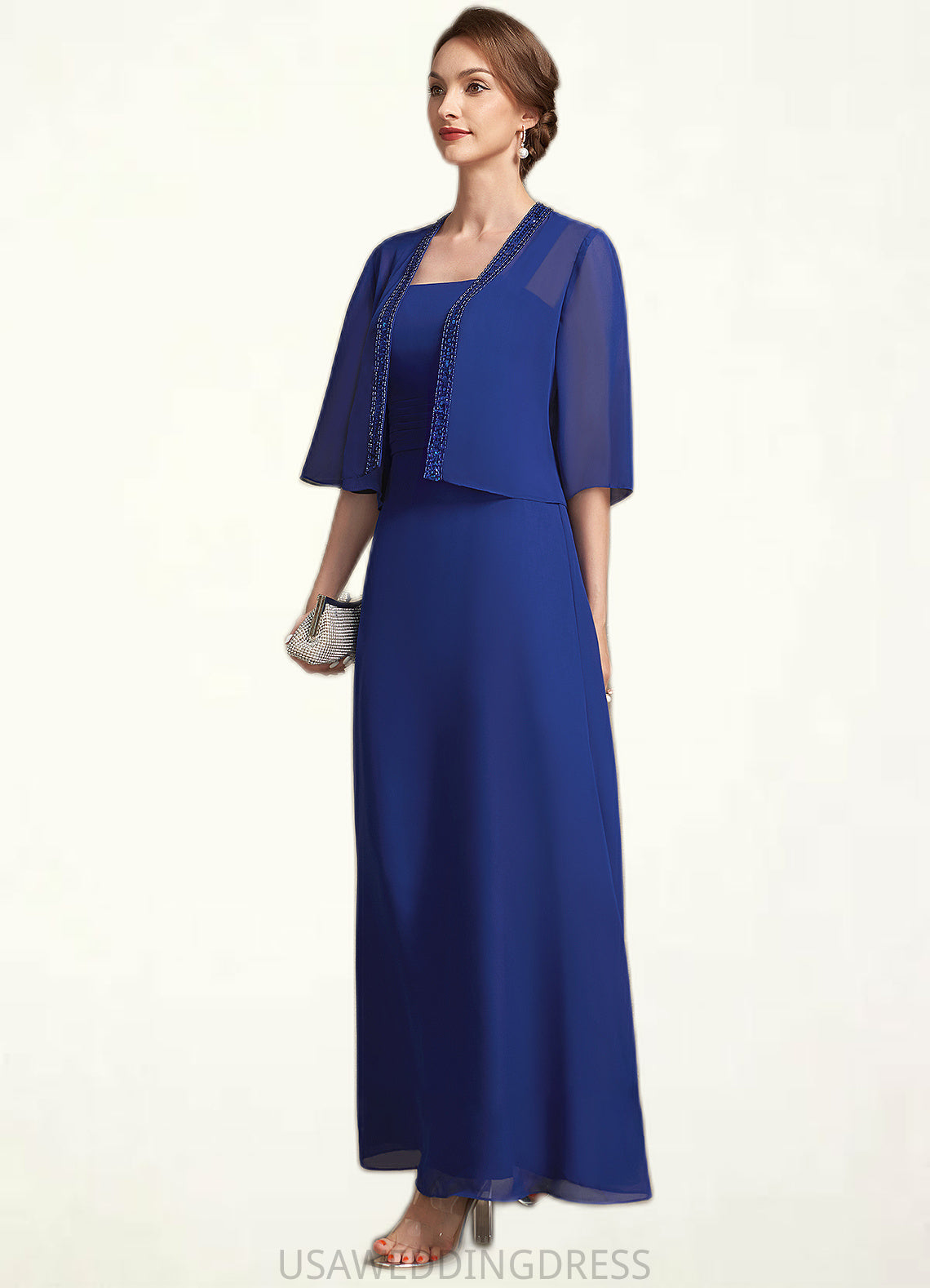 Elsa A-Line Square Neckline Ankle-Length Chiffon Mother of the Bride Dress With Ruffle DS126P0014982