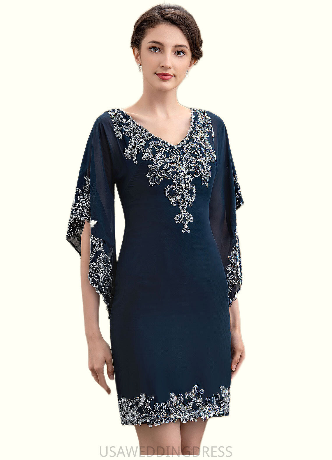 Fiona Sheath/Column V-neck Knee-Length Chiffon Lace Mother of the Bride Dress With Sequins DS126P0014983