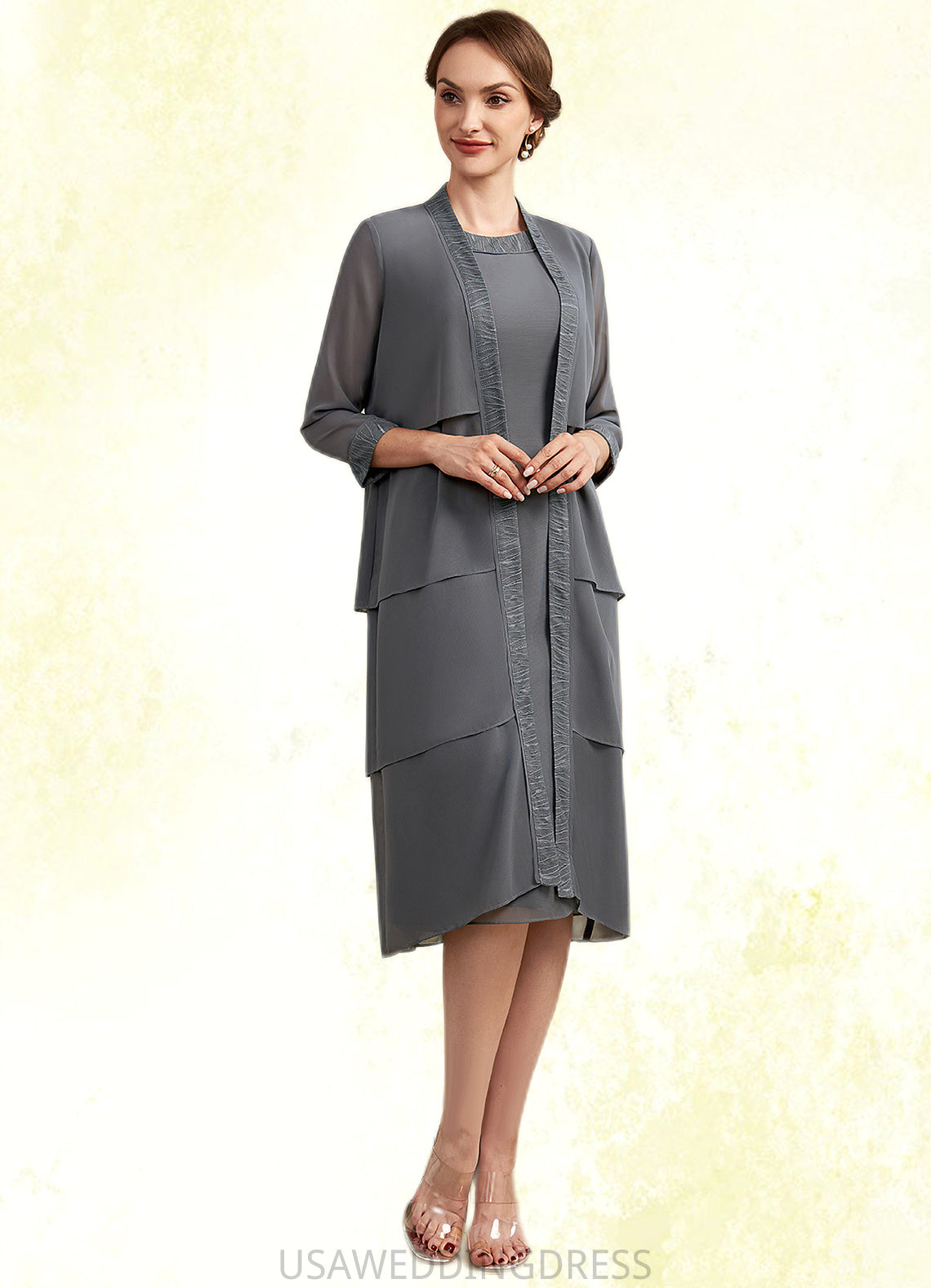 Mia Sheath/Column Scoop Neck Knee-Length Chiffon Mother of the Bride Dress With Lace DS126P0014986