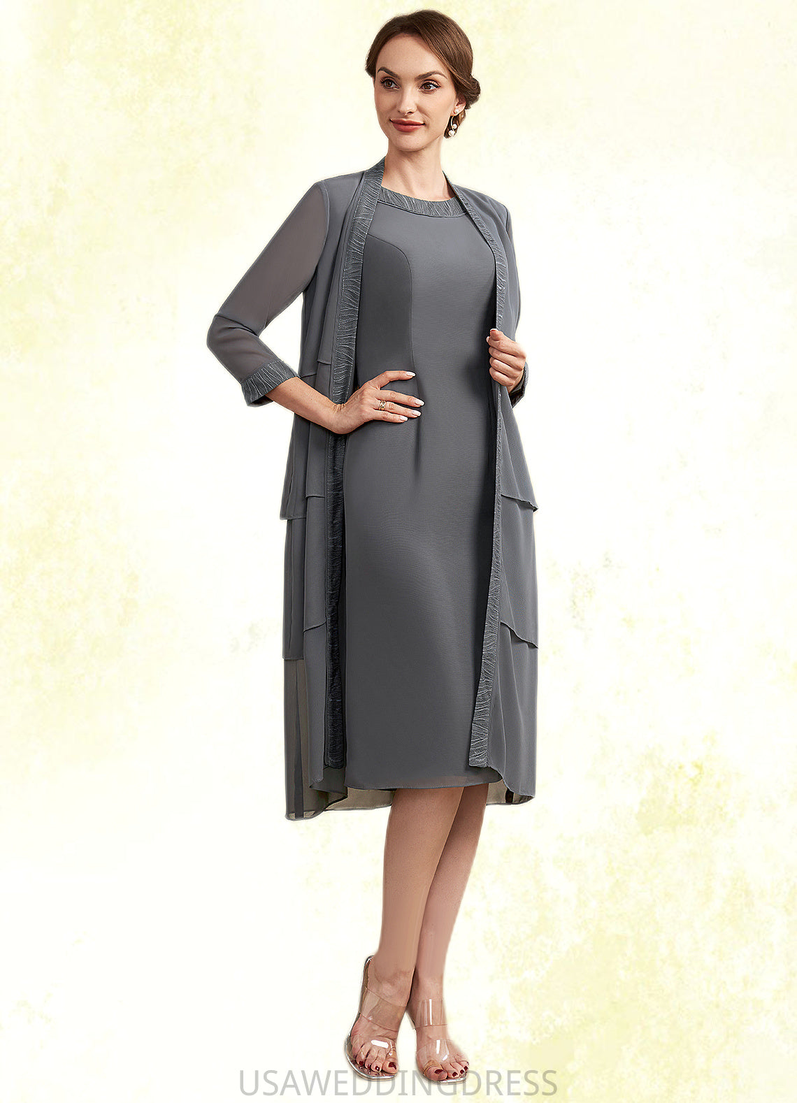 Mia Sheath/Column Scoop Neck Knee-Length Chiffon Mother of the Bride Dress With Lace DS126P0014986