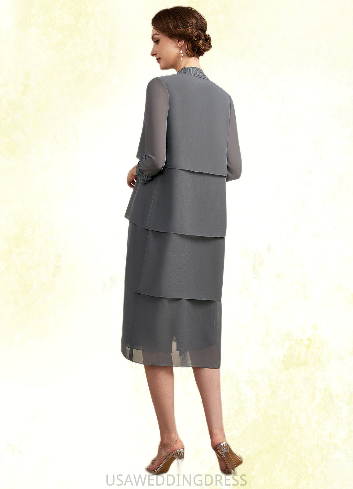 Mia Sheath/Column Scoop Neck Knee-Length Chiffon Mother of the Bride Dress With Lace DS126P0014986