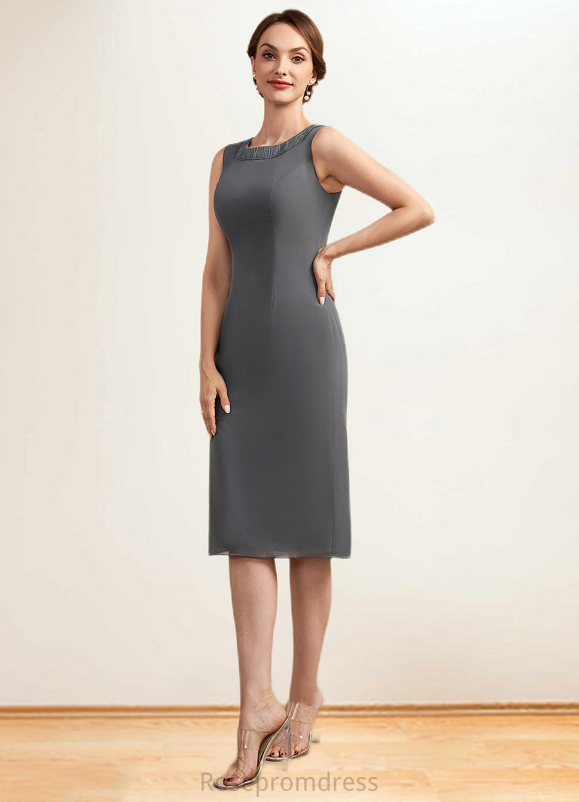 Tamia Sheath/Column Scoop Neck Knee-Length Chiffon Mother of the Bride Dress With Lace SRS126P0014986