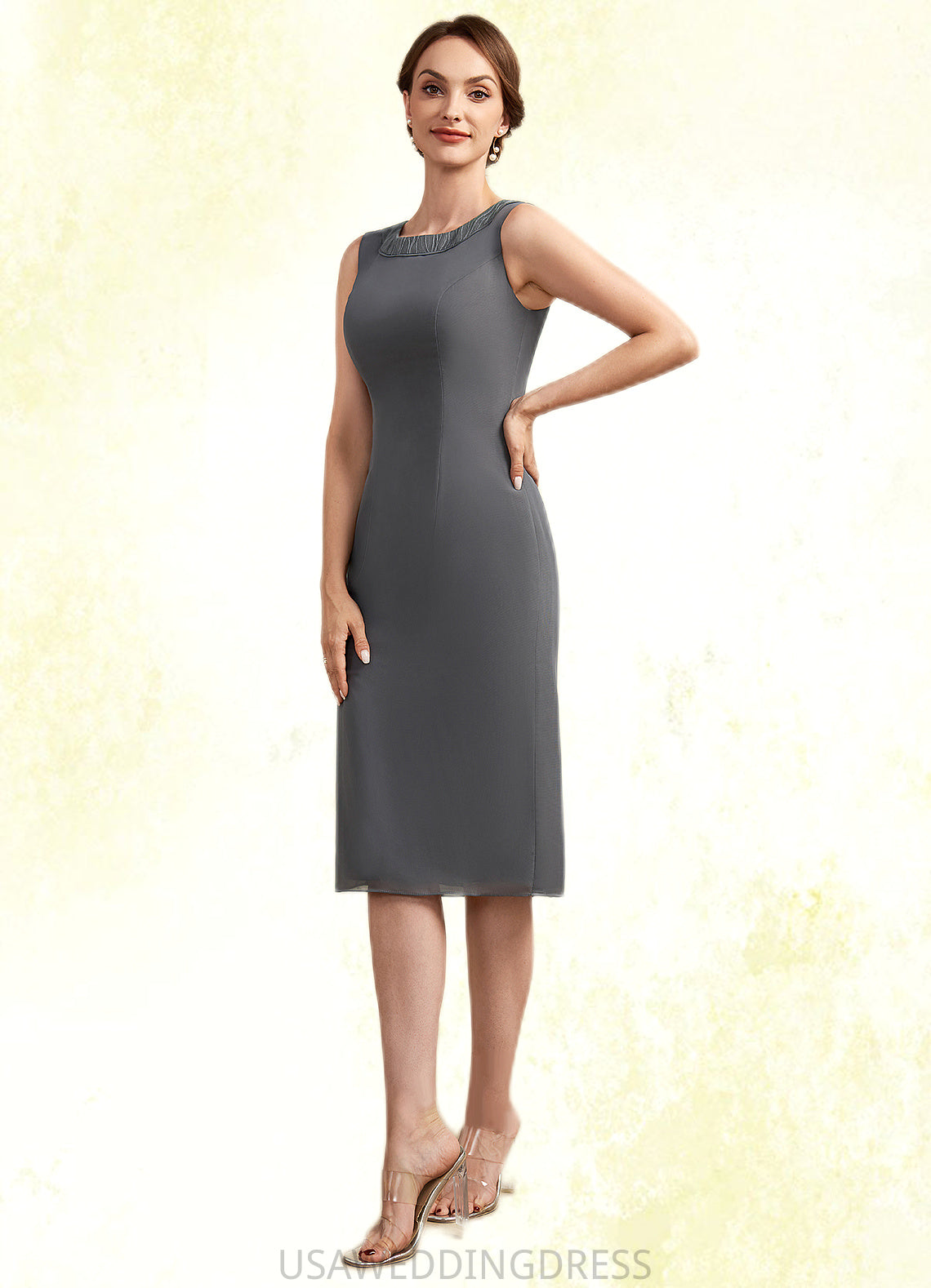 Mia Sheath/Column Scoop Neck Knee-Length Chiffon Mother of the Bride Dress With Lace DS126P0014986