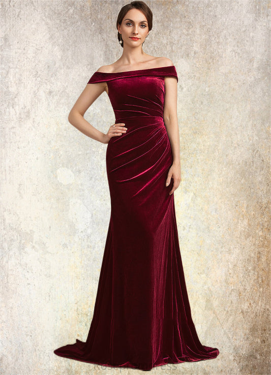Lindsey Trumpet/Mermaid Off-the-Shoulder Sweep Train Velvet Mother of the Bride Dress With Ruffle SRS126P0014988