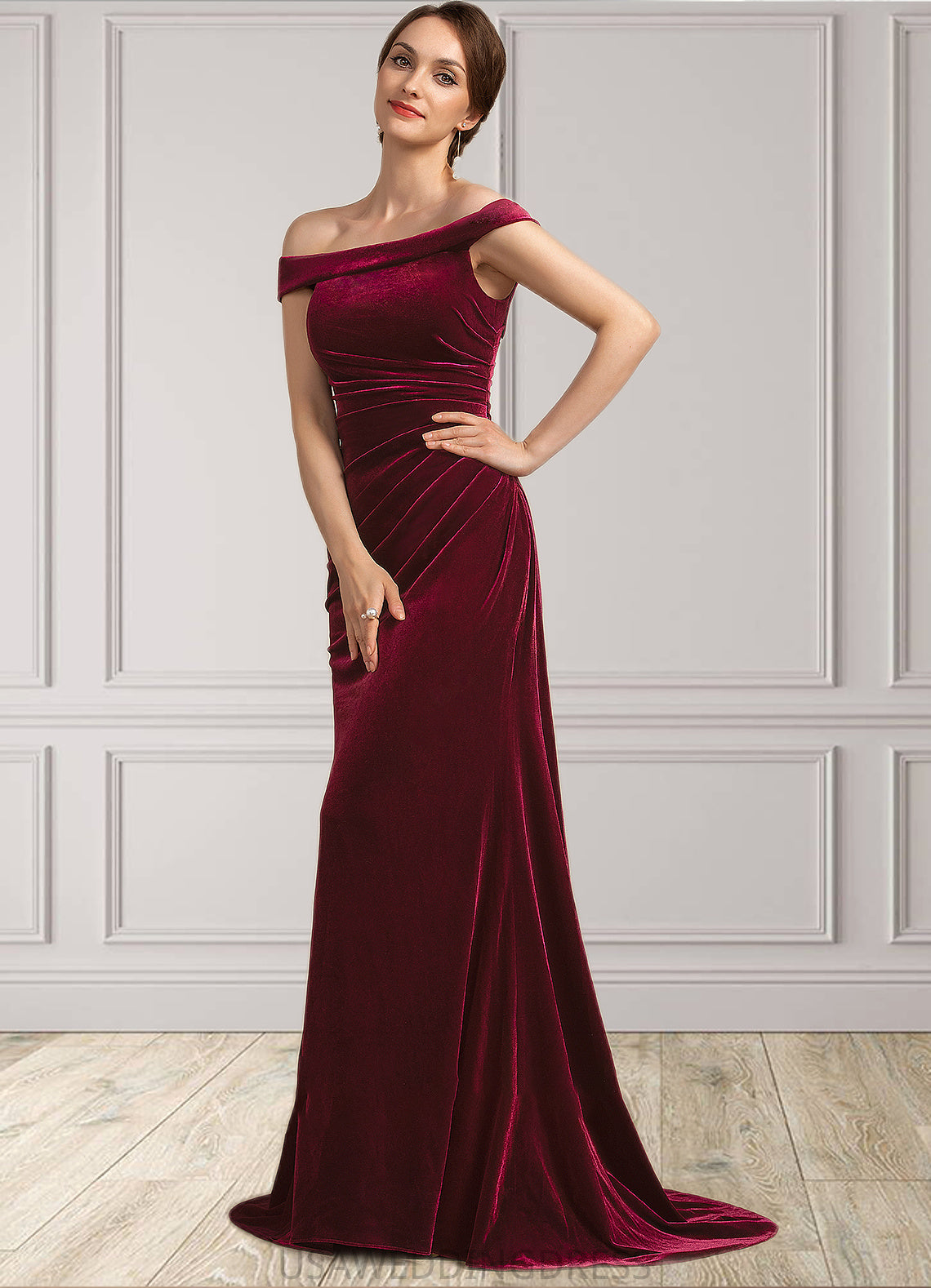Belinda Trumpet/Mermaid Off-the-Shoulder Sweep Train Velvet Mother of the Bride Dress With Ruffle DS126P0014988