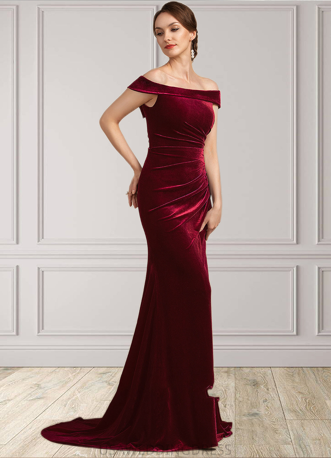 Belinda Trumpet/Mermaid Off-the-Shoulder Sweep Train Velvet Mother of the Bride Dress With Ruffle DS126P0014988
