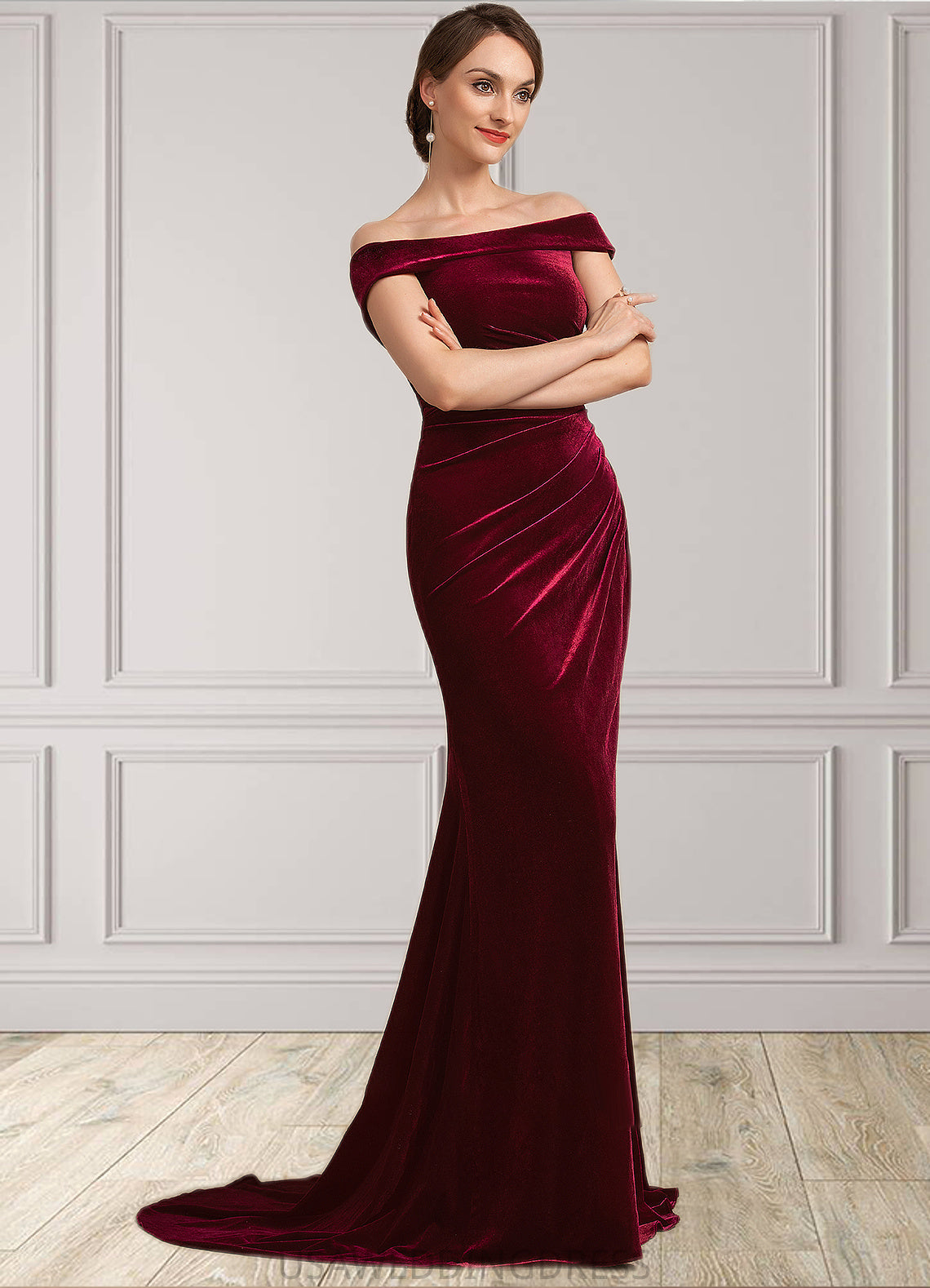 Belinda Trumpet/Mermaid Off-the-Shoulder Sweep Train Velvet Mother of the Bride Dress With Ruffle DS126P0014988
