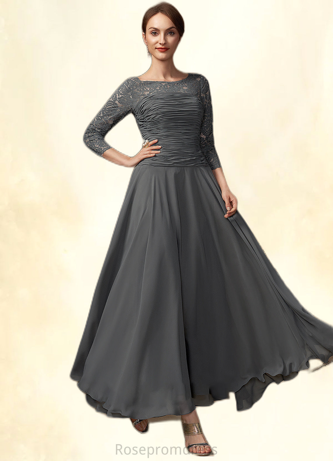 Arielle A-Line Scoop Neck Ankle-Length Chiffon Lace Mother of the Bride Dress With Ruffle SRS126P0014990