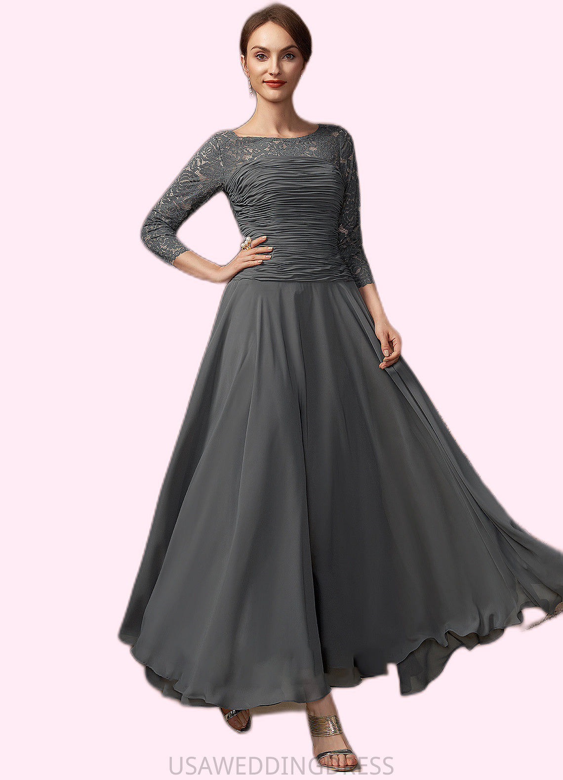 Baylee A-Line Scoop Neck Ankle-Length Chiffon Lace Mother of the Bride Dress With Ruffle DS126P0014990