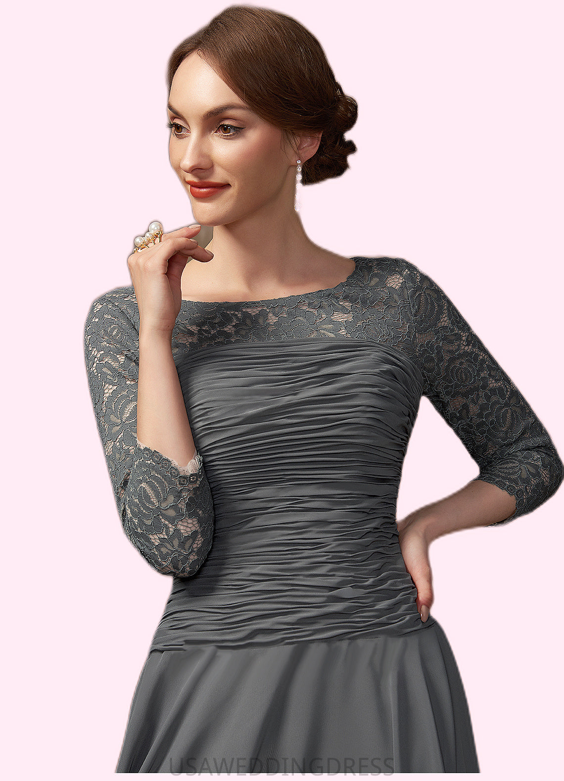 Baylee A-Line Scoop Neck Ankle-Length Chiffon Lace Mother of the Bride Dress With Ruffle DS126P0014990