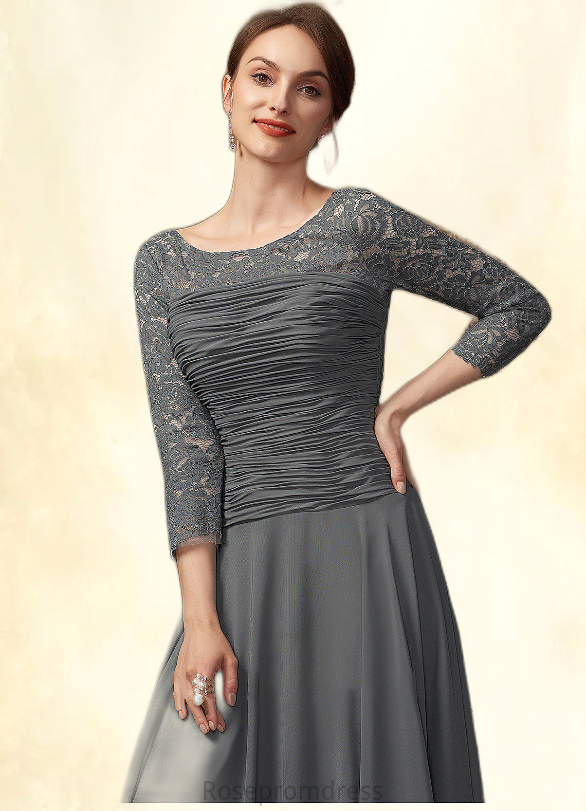 Arielle A-Line Scoop Neck Ankle-Length Chiffon Lace Mother of the Bride Dress With Ruffle SRS126P0014990