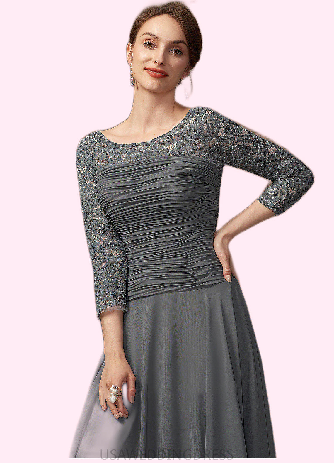 Baylee A-Line Scoop Neck Ankle-Length Chiffon Lace Mother of the Bride Dress With Ruffle DS126P0014990