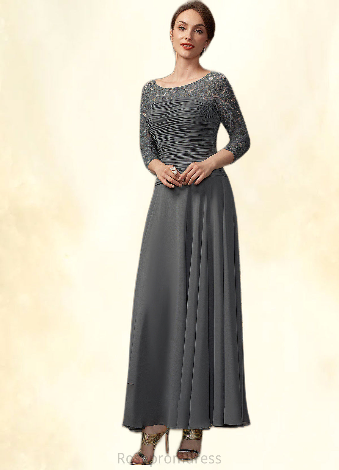 Arielle A-Line Scoop Neck Ankle-Length Chiffon Lace Mother of the Bride Dress With Ruffle SRS126P0014990