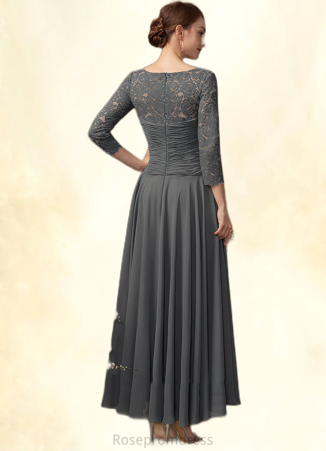 Arielle A-Line Scoop Neck Ankle-Length Chiffon Lace Mother of the Bride Dress With Ruffle SRS126P0014990