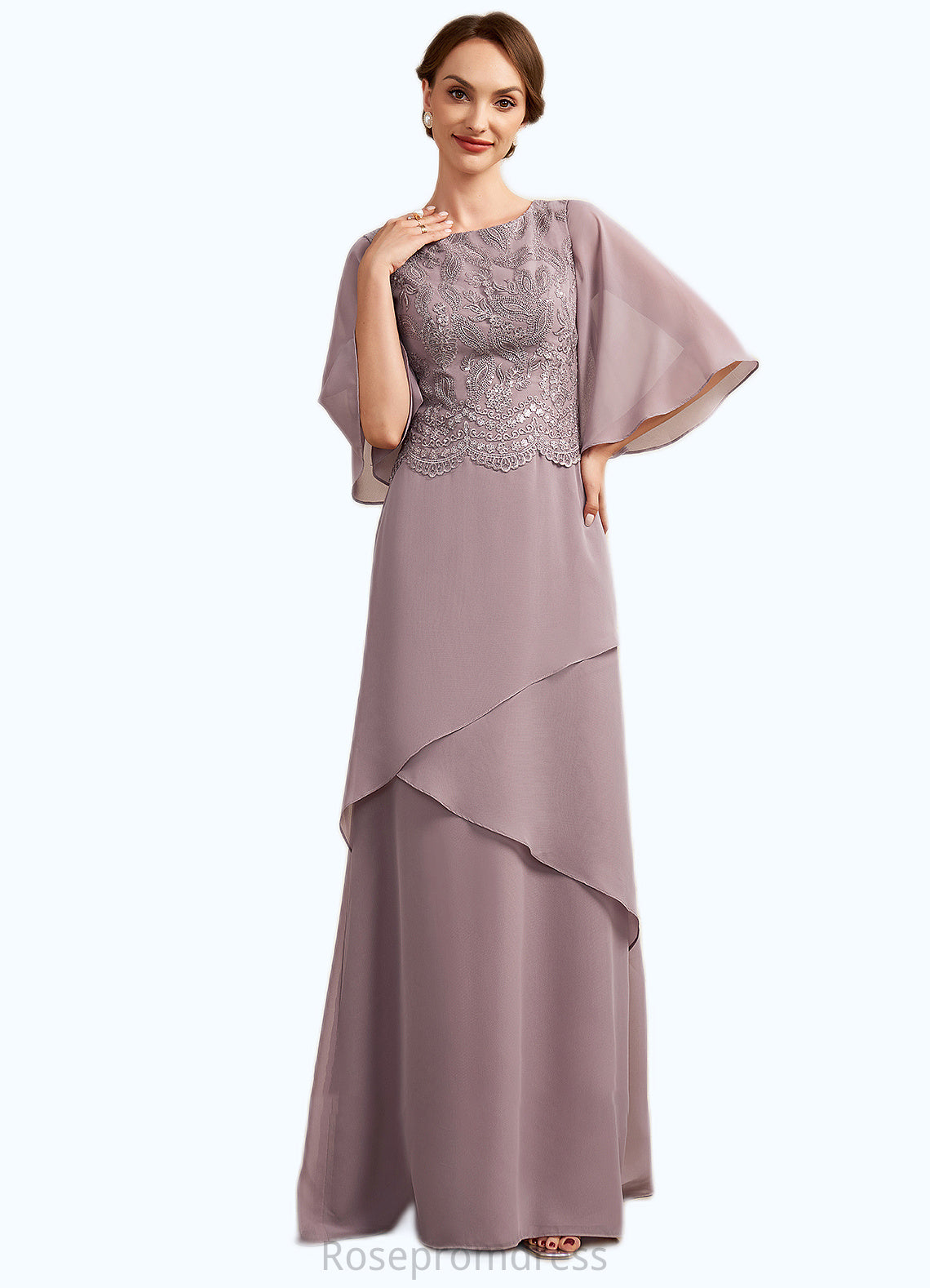 Tamia A-Line Scoop Neck Floor-Length Chiffon Lace Mother of the Bride Dress With Sequins Cascading Ruffles SRS126P0014991