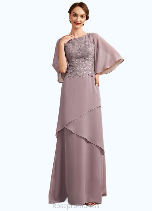 Tamia A-Line Scoop Neck Floor-Length Chiffon Lace Mother of the Bride Dress With Sequins Cascading Ruffles SRS126P0014991