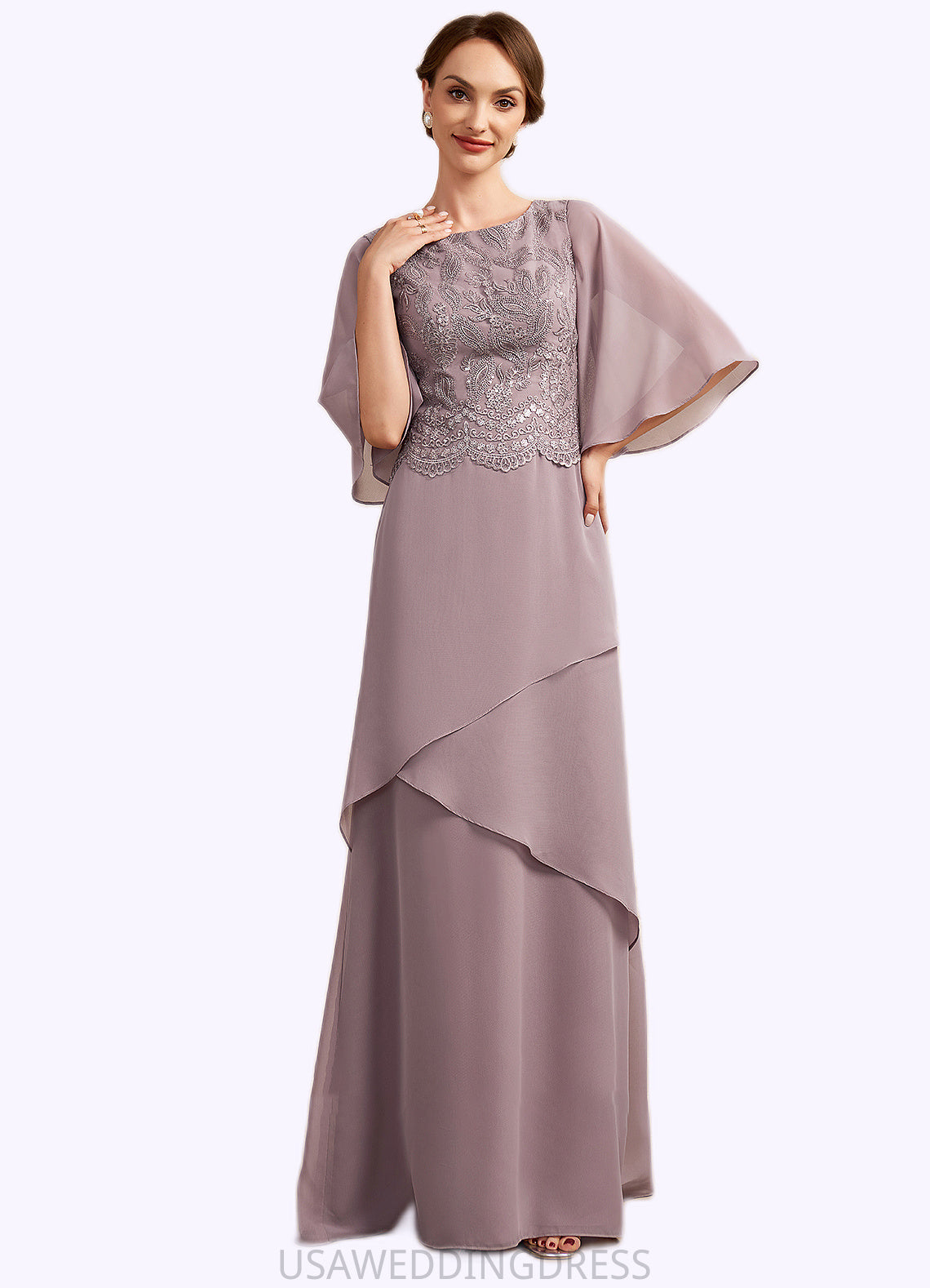 Sage A-Line Scoop Neck Floor-Length Chiffon Lace Mother of the Bride Dress With Sequins Cascading Ruffles DS126P0014991