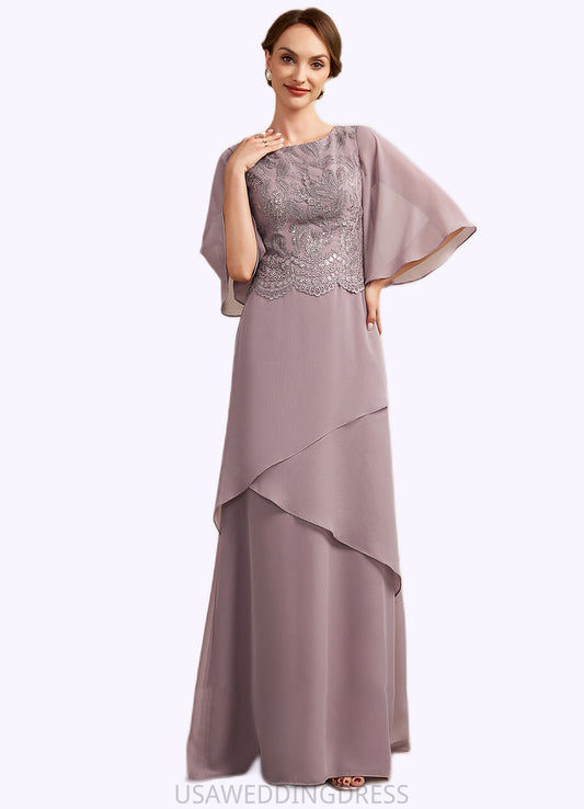 Sage A-Line Scoop Neck Floor-Length Chiffon Lace Mother of the Bride Dress With Sequins Cascading Ruffles DS126P0014991