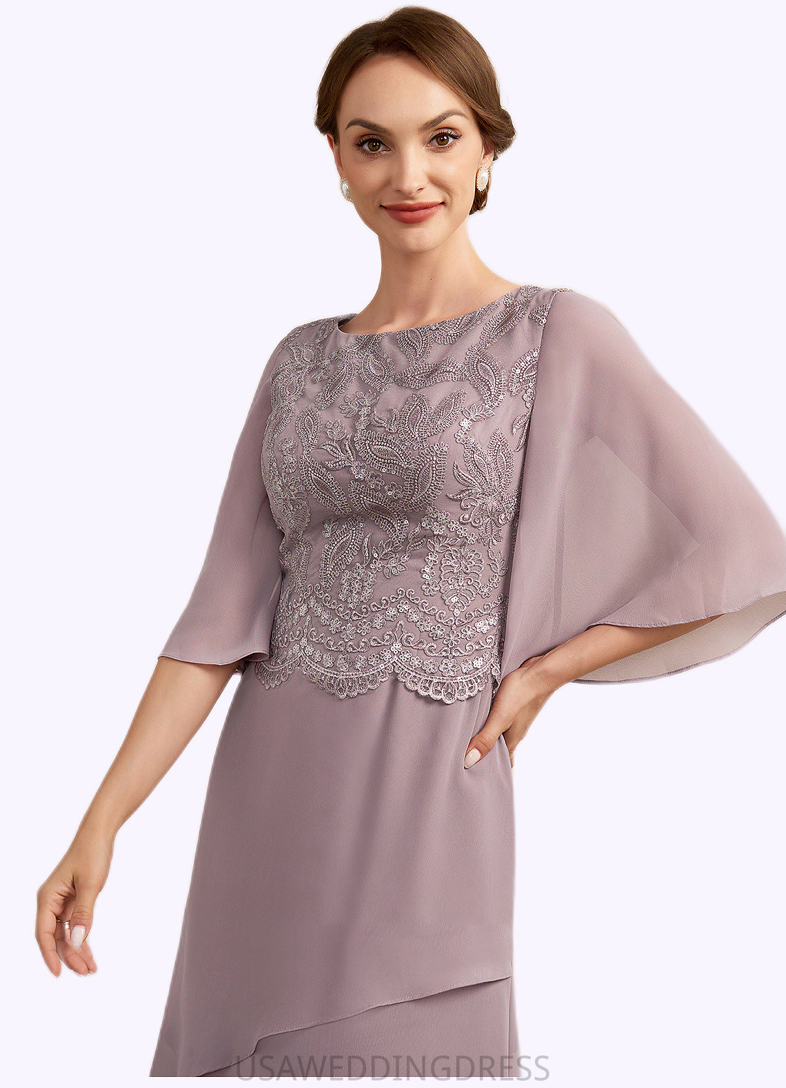 Sage A-Line Scoop Neck Floor-Length Chiffon Lace Mother of the Bride Dress With Sequins Cascading Ruffles DS126P0014991