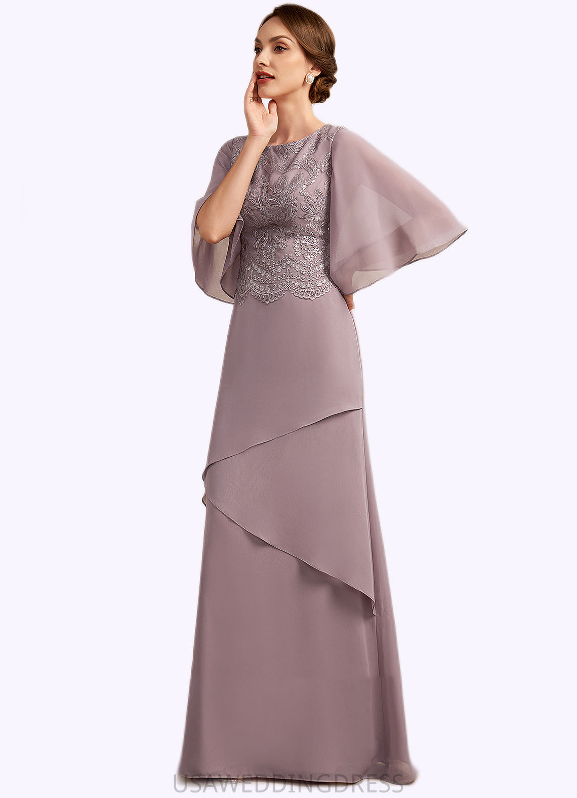 Sage A-Line Scoop Neck Floor-Length Chiffon Lace Mother of the Bride Dress With Sequins Cascading Ruffles DS126P0014991