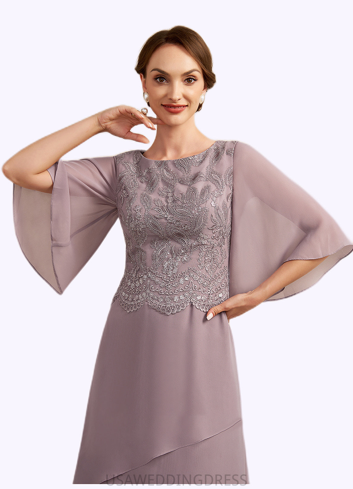 Sage A-Line Scoop Neck Floor-Length Chiffon Lace Mother of the Bride Dress With Sequins Cascading Ruffles DS126P0014991