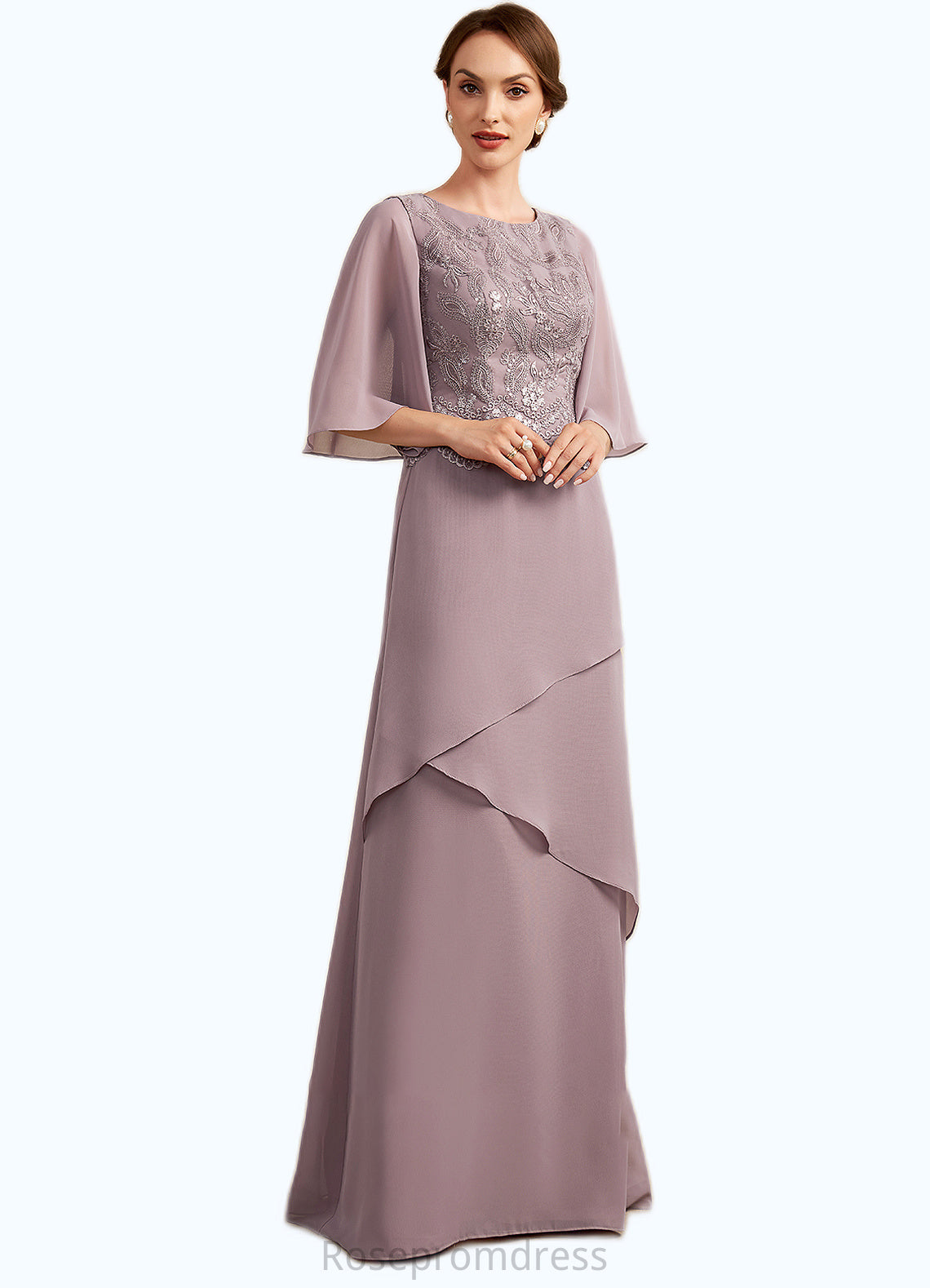 Tamia A-Line Scoop Neck Floor-Length Chiffon Lace Mother of the Bride Dress With Sequins Cascading Ruffles SRS126P0014991