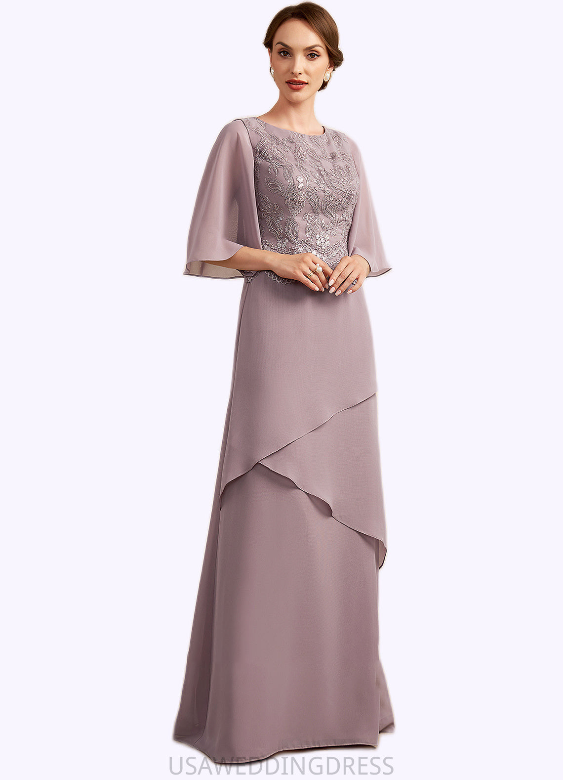 Sage A-Line Scoop Neck Floor-Length Chiffon Lace Mother of the Bride Dress With Sequins Cascading Ruffles DS126P0014991