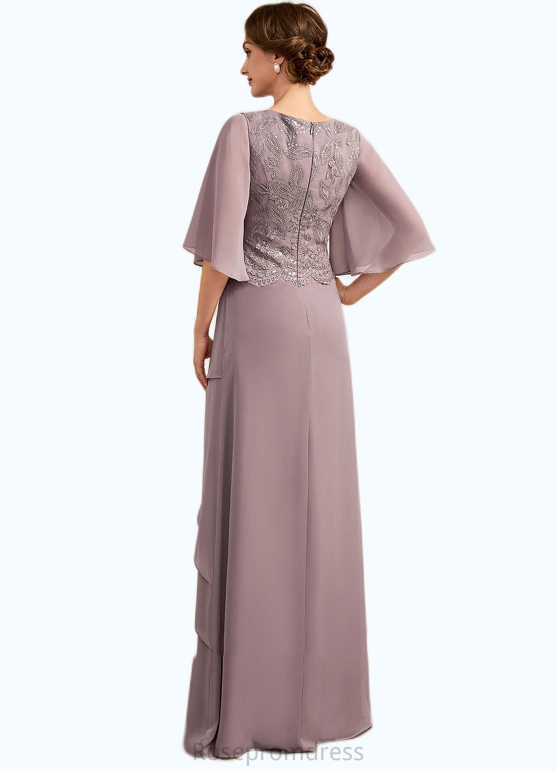 Tamia A-Line Scoop Neck Floor-Length Chiffon Lace Mother of the Bride Dress With Sequins Cascading Ruffles SRS126P0014991