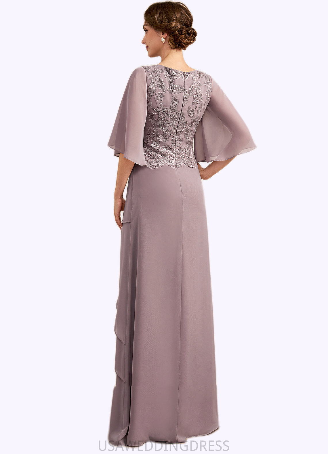 Sage A-Line Scoop Neck Floor-Length Chiffon Lace Mother of the Bride Dress With Sequins Cascading Ruffles DS126P0014991