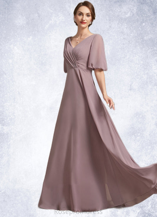 Thalia A-Line V-neck Floor-Length Chiffon Mother of the Bride Dress With Ruffle SRS126P0014992