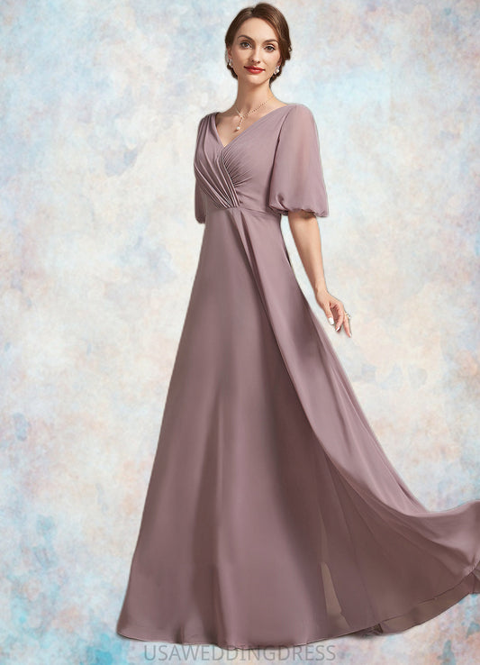 Ella A-Line V-neck Floor-Length Chiffon Mother of the Bride Dress With Ruffle DS126P0014992