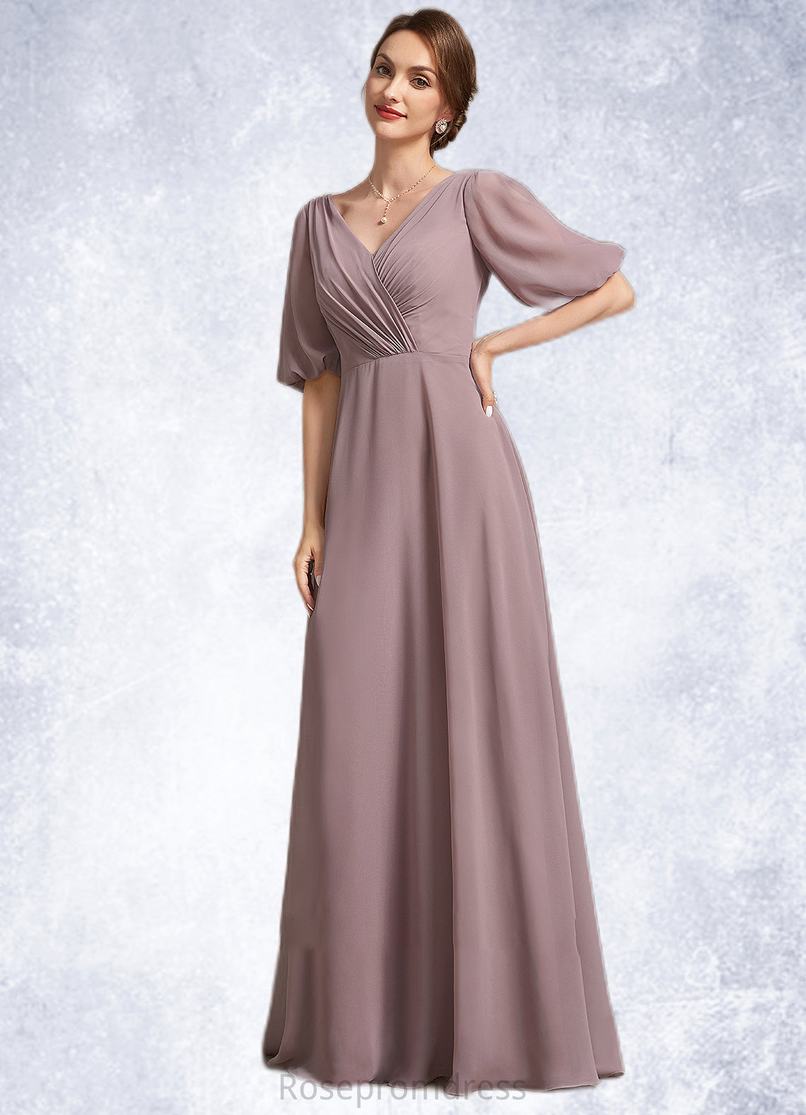 Thalia A-Line V-neck Floor-Length Chiffon Mother of the Bride Dress With Ruffle SRS126P0014992