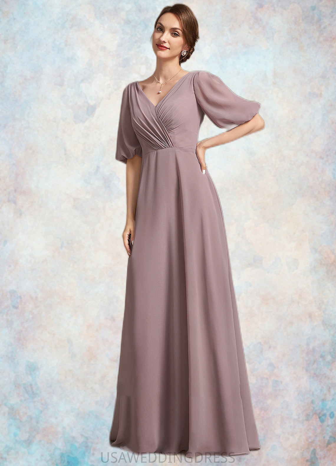 Ella A-Line V-neck Floor-Length Chiffon Mother of the Bride Dress With Ruffle DS126P0014992