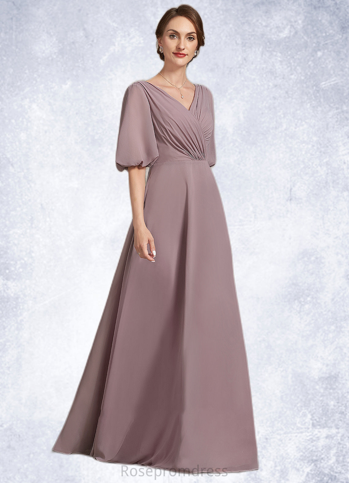 Thalia A-Line V-neck Floor-Length Chiffon Mother of the Bride Dress With Ruffle SRS126P0014992