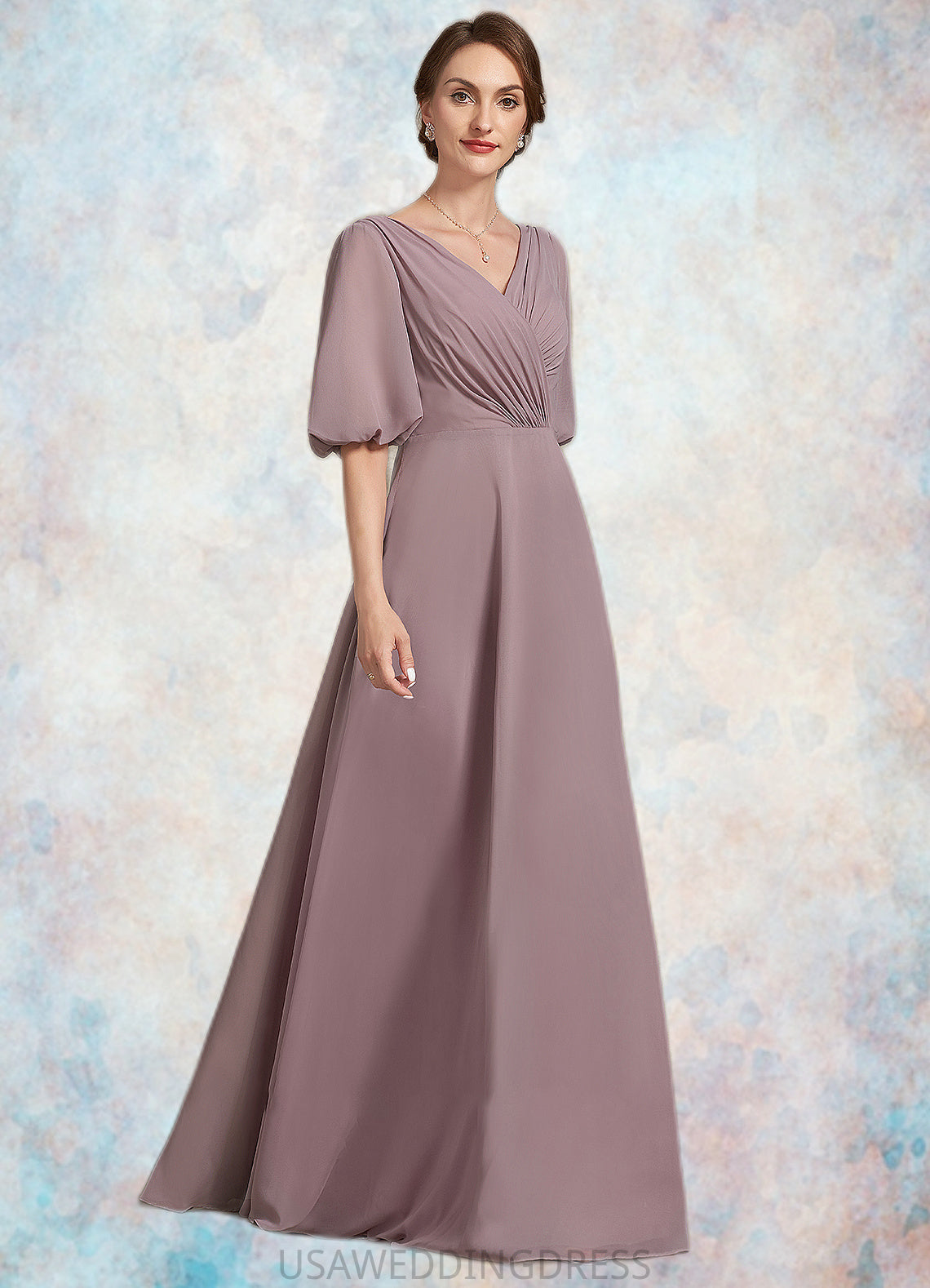 Ella A-Line V-neck Floor-Length Chiffon Mother of the Bride Dress With Ruffle DS126P0014992