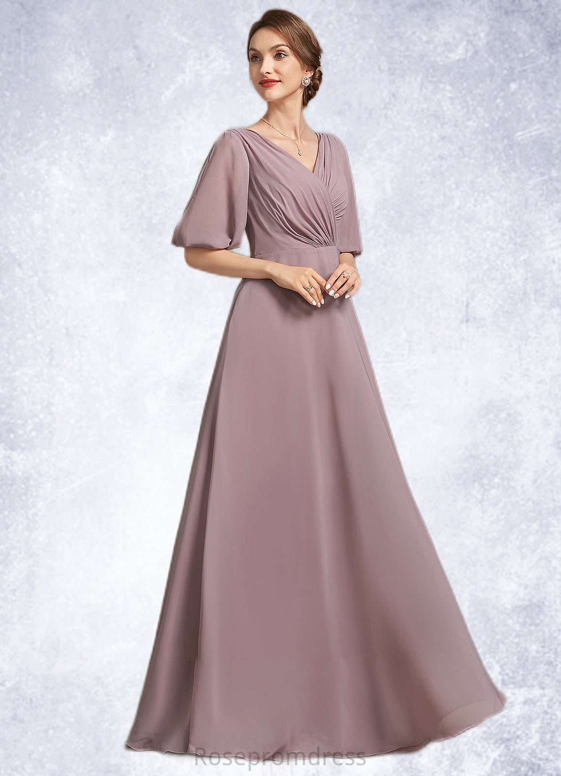 Thalia A-Line V-neck Floor-Length Chiffon Mother of the Bride Dress With Ruffle SRS126P0014992