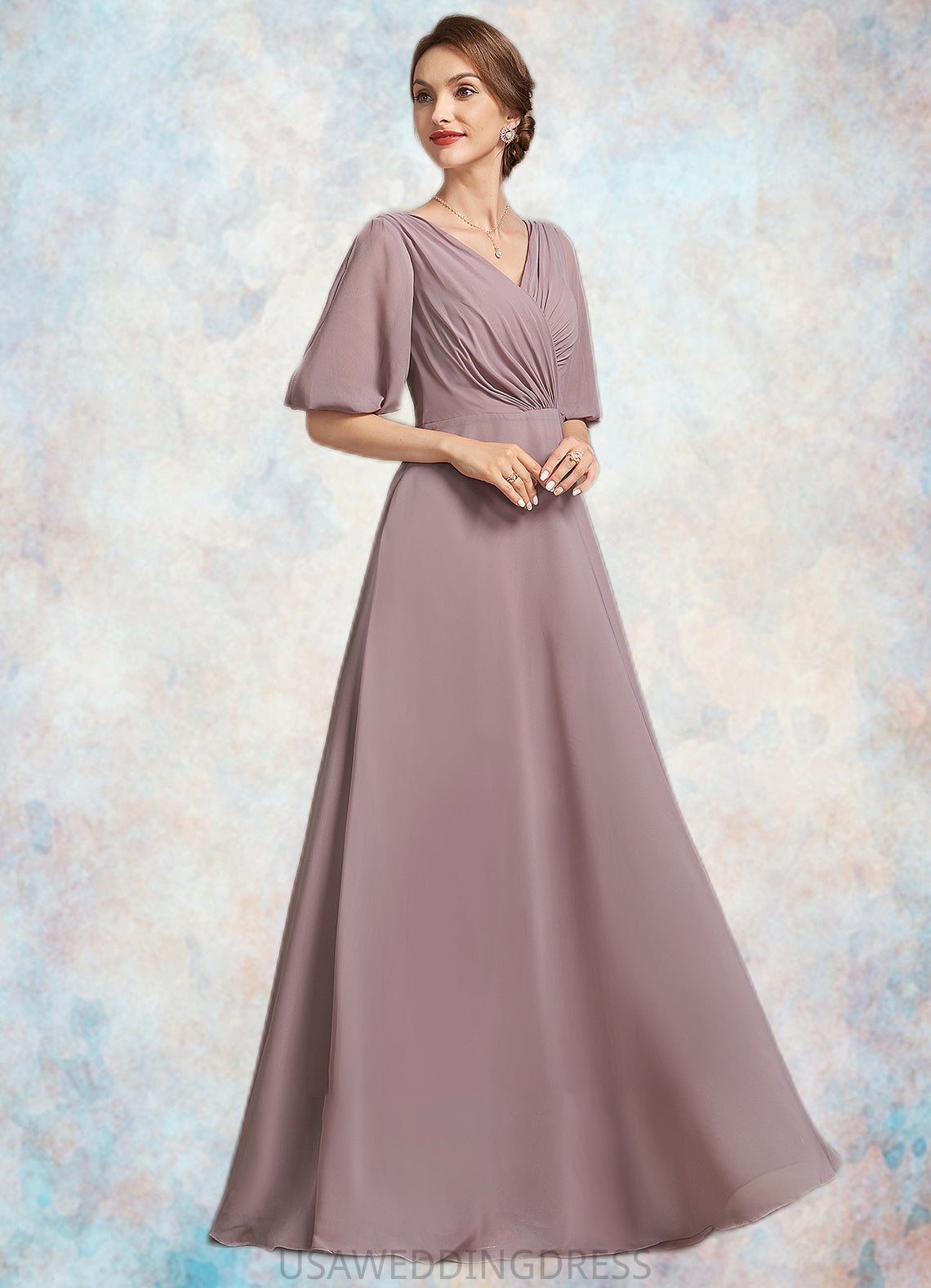 Ella A-Line V-neck Floor-Length Chiffon Mother of the Bride Dress With Ruffle DS126P0014992