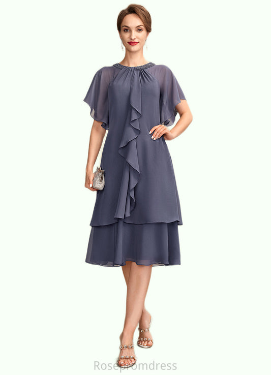 Shyann A-Line Scoop Neck Knee-Length Chiffon Mother of the Bride Dress With Beading Sequins Cascading Ruffles SRS126P0014993