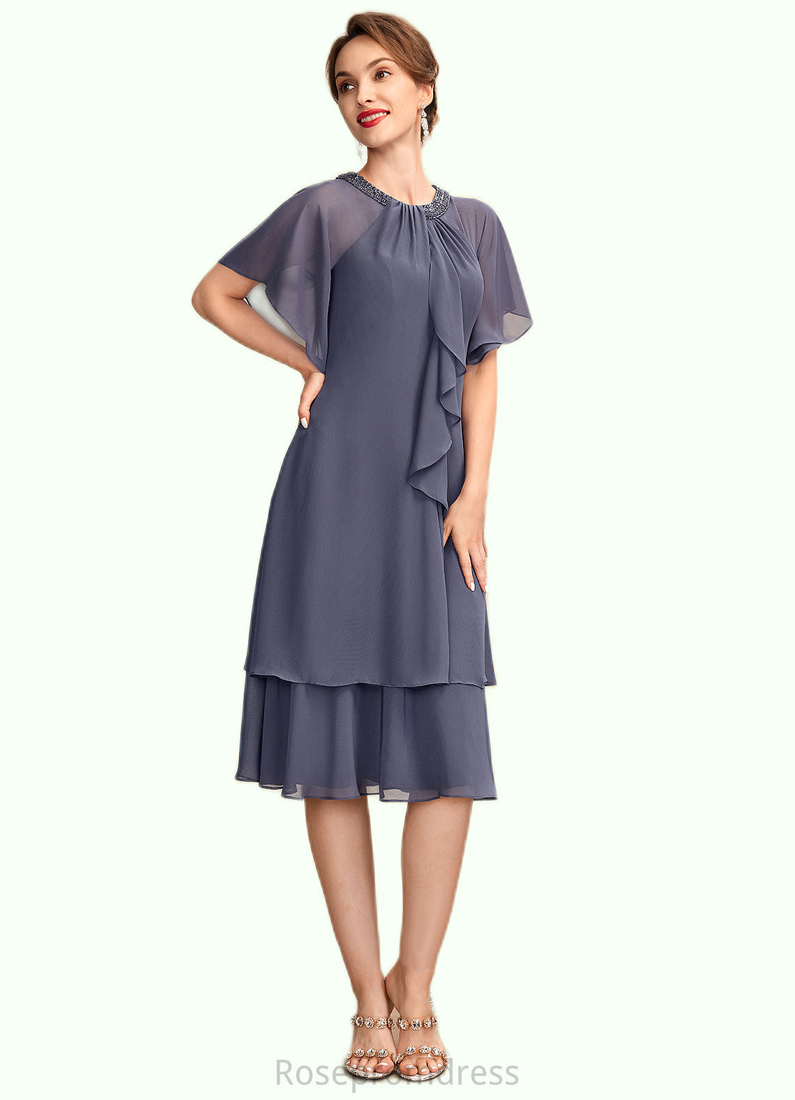 Shyann A-Line Scoop Neck Knee-Length Chiffon Mother of the Bride Dress With Beading Sequins Cascading Ruffles SRS126P0014993