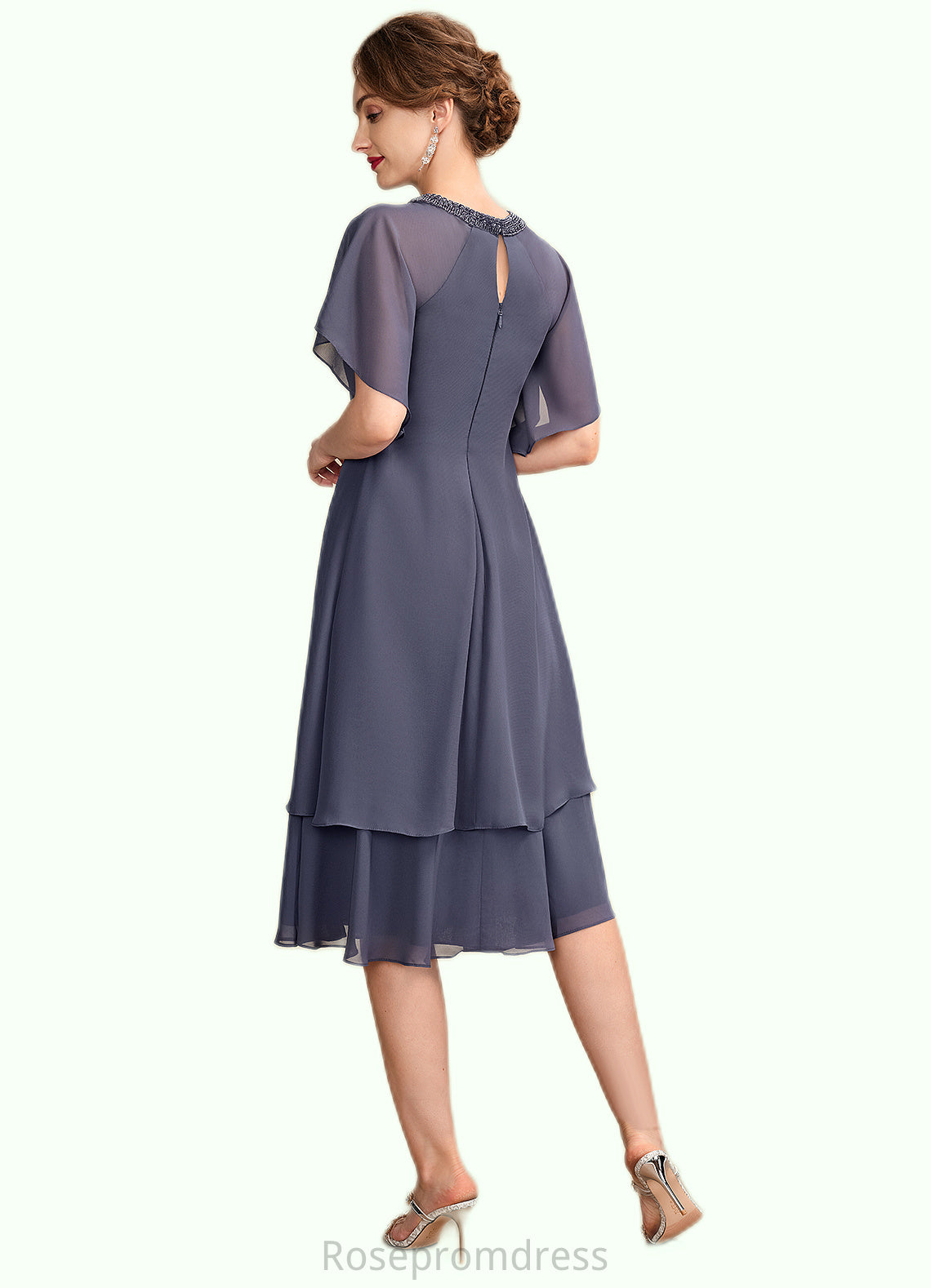 Shyann A-Line Scoop Neck Knee-Length Chiffon Mother of the Bride Dress With Beading Sequins Cascading Ruffles SRS126P0014993