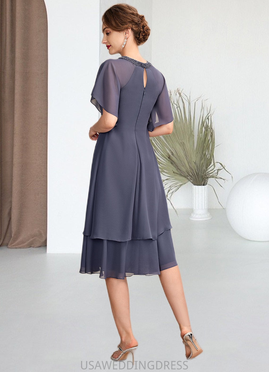 Aubrey A-Line Scoop Neck Knee-Length Chiffon Mother of the Bride Dress With Beading Sequins Cascading Ruffles DS126P0014993