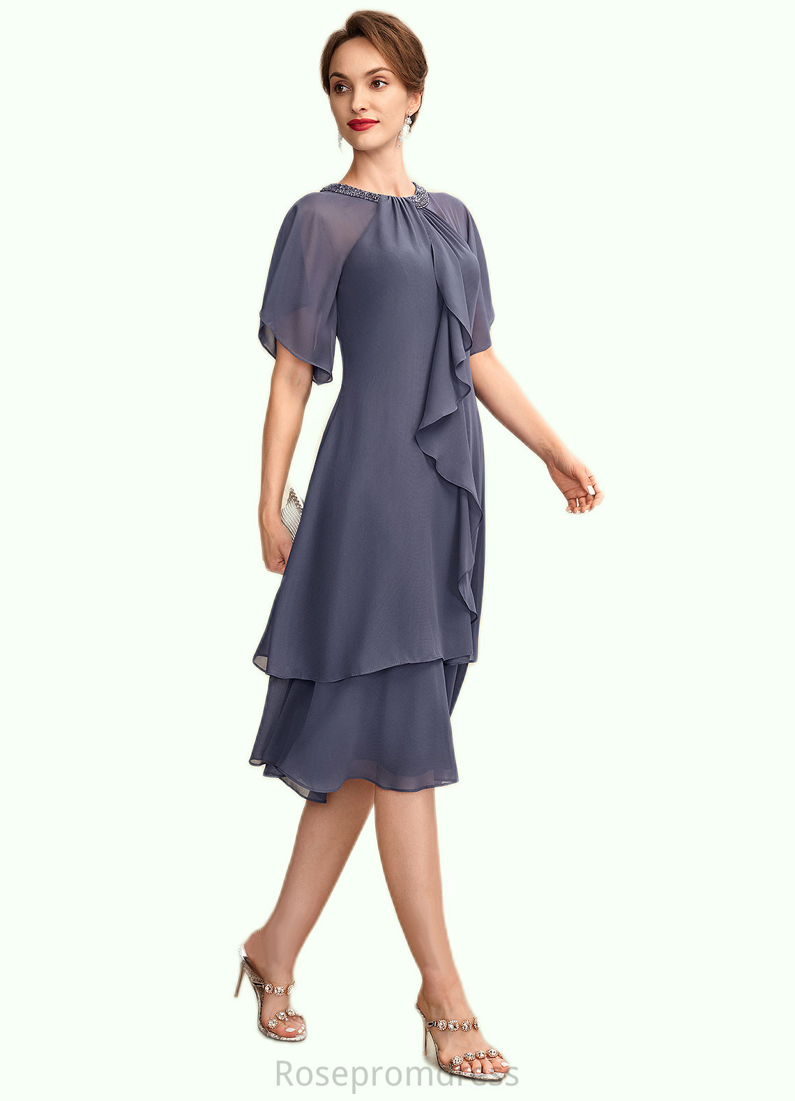 Shyann A-Line Scoop Neck Knee-Length Chiffon Mother of the Bride Dress With Beading Sequins Cascading Ruffles SRS126P0014993