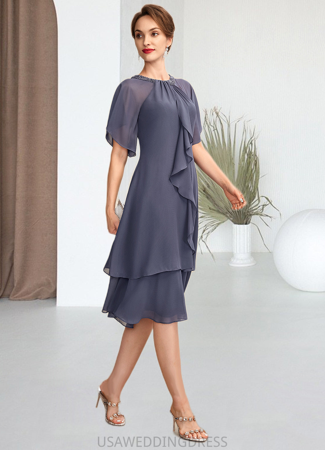 Aubrey A-Line Scoop Neck Knee-Length Chiffon Mother of the Bride Dress With Beading Sequins Cascading Ruffles DS126P0014993