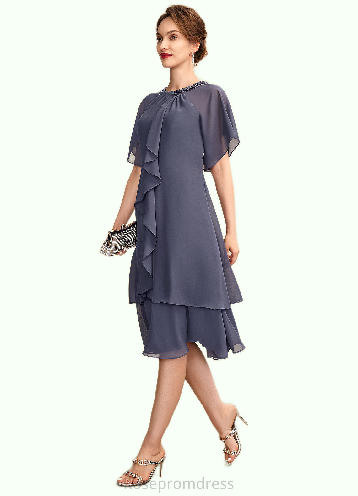 Shyann A-Line Scoop Neck Knee-Length Chiffon Mother of the Bride Dress With Beading Sequins Cascading Ruffles SRS126P0014993